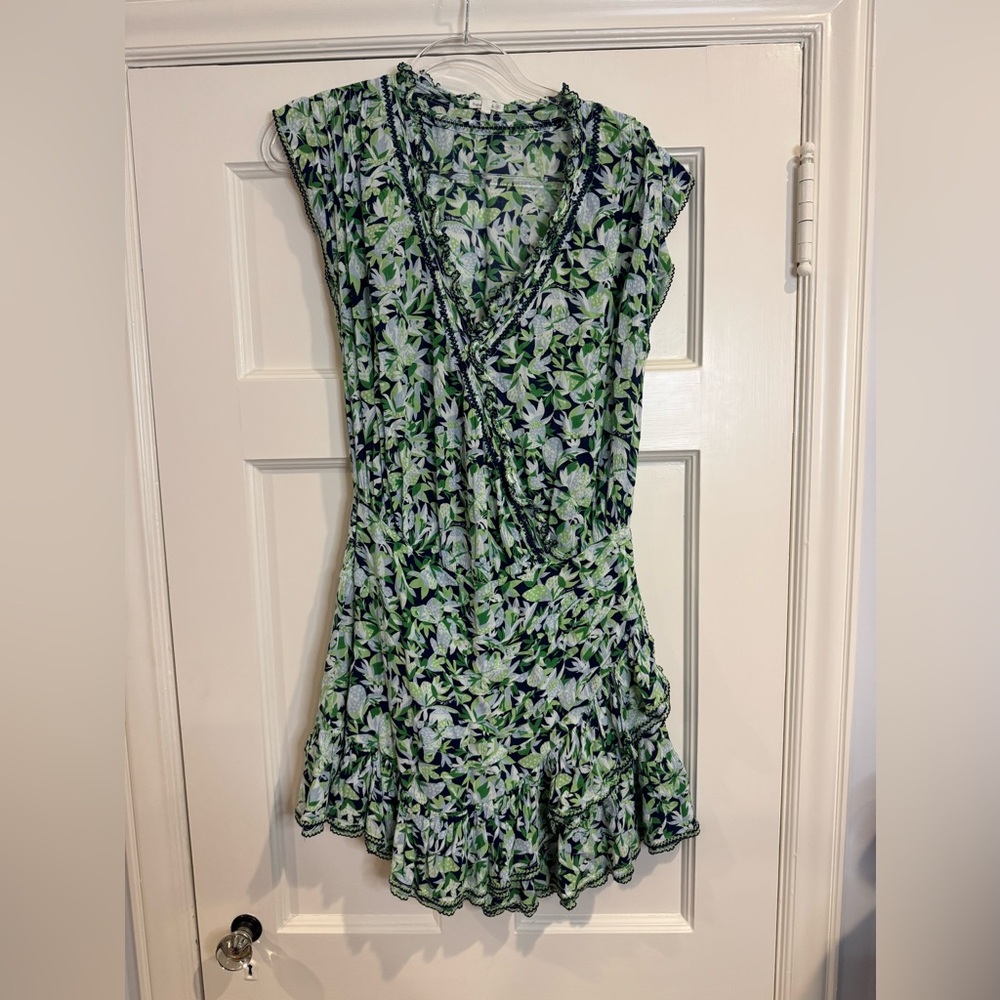 Poupette St. Barth Green and Navy Floral Wrap Mini Dress